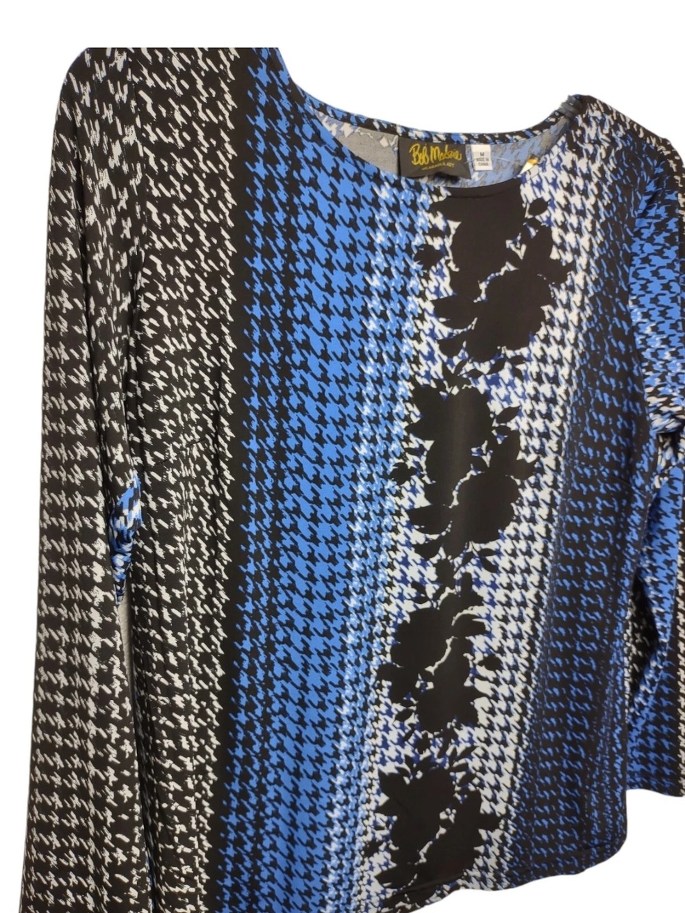 Bob Mackie Blue and Black Floral-Accent Houndstooth Long Sleeve Top - Picture 2 of 7
